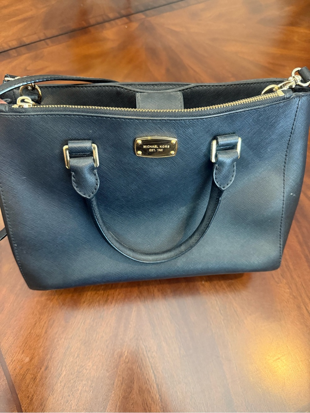 Michael Kors Navy Saffiano Leather Satchel with Gold Hardware